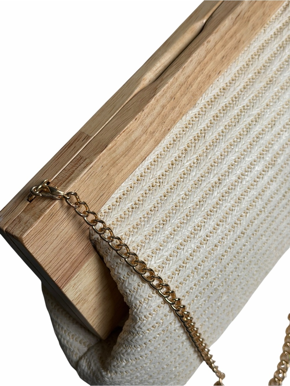 Haute Hippie Wood Frame Cream Woven Clutch Gold Chain Shoulder Bag Neutral Boho - Picture 3 of 11